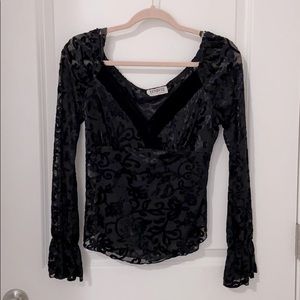 Mesh velvet v neck top
